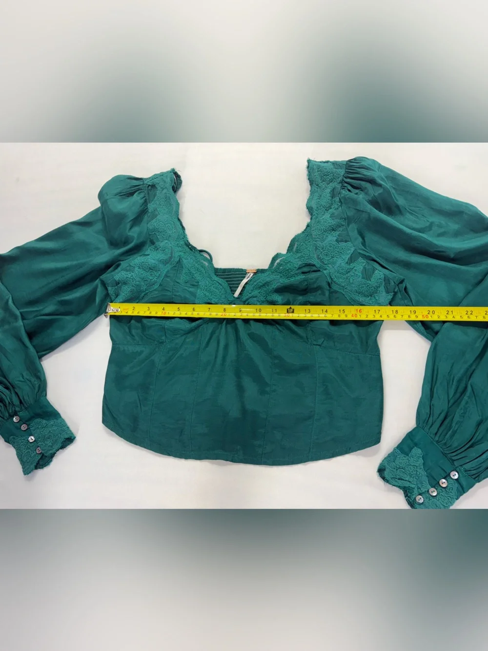 Free People Emerald Green Lace Trim Long Sleeve Cropped Blouse Size M